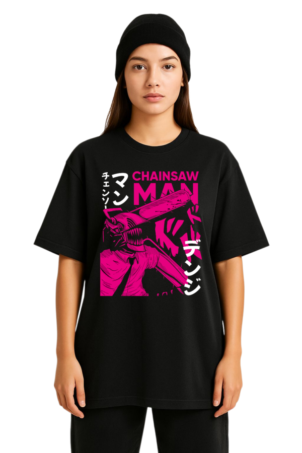 PLAYERA ANIME CHAINSAW MAN PINK UNISEX MANGA CORTA